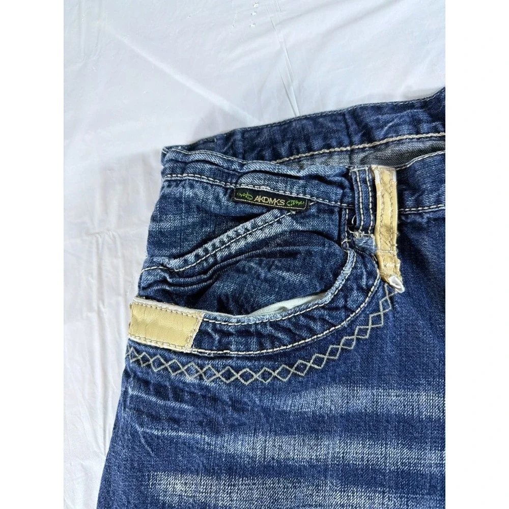 Akademiks Mens Denim Shorts‎ 38 Blue Embroidered Leather Trim Y2K Baggy Hip Hop